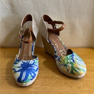 Blue and Yellow Floral Ankle Strap Close Toe Wedges